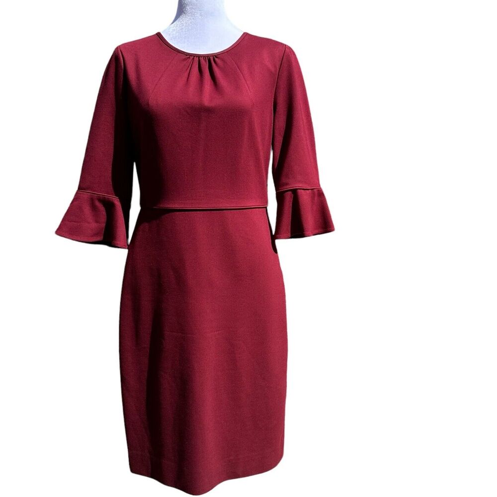 J. Crew Women Burgundy 3/4" Bell Sleeves Sheath Stretch Ponte Dress Size 4